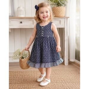 Maggie And Zoe Girls 3T Navy Blue White Print Dress Ruffle Hem Sleeveless